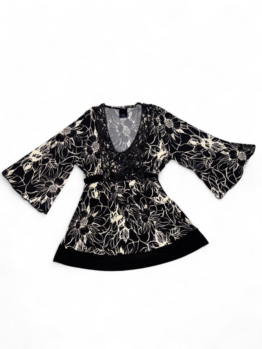 Black & White Floral Bell Sleeve Top